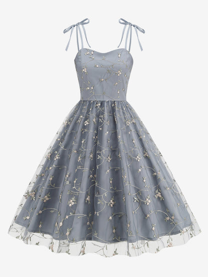 Vintage 1950s Floral Prom Dress For Women - Embroidery Mesh Tie-Shoulder A-Line Swing Midi Dress - Summer Cocktail 2026