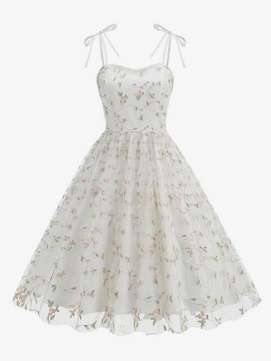Vintage 1950s Floral Prom Dress For Women - Embroidery Mesh Tie-Shoulder A-Line Swing Midi Dress - Summer Cocktail 2026