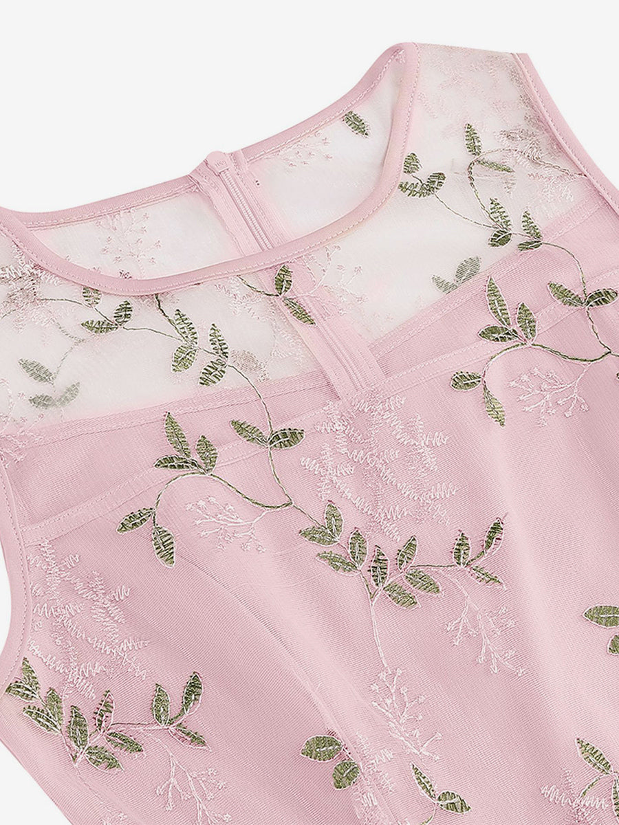 Vintage 1950s Floral Midi Dress For Women - Embroidery Mesh Illusion Neck A-Line Swing Prom Dress - Summer Cocktail 2026