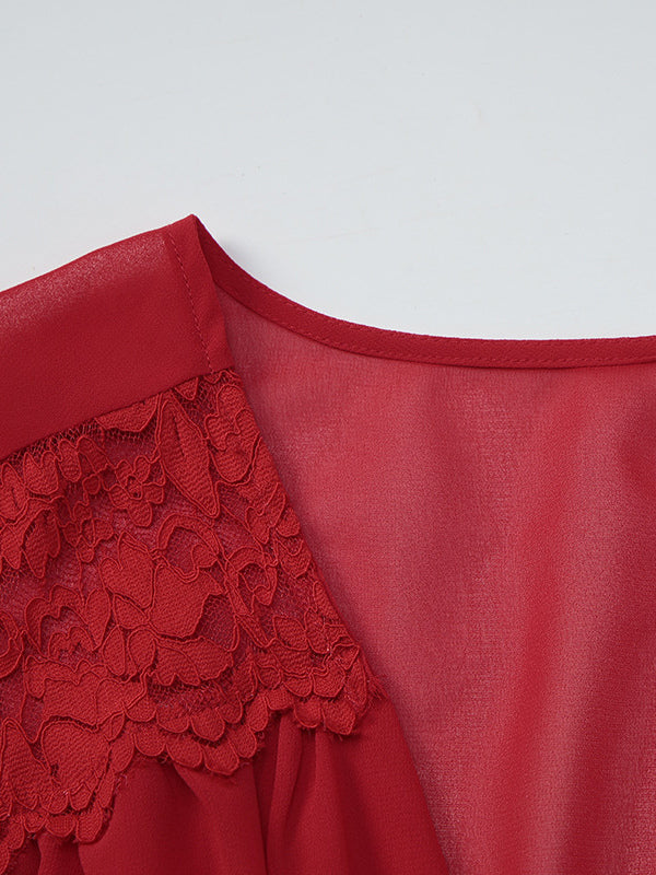 Lace Patchwork Mini Dress For Women - Deep V Neck Flare Sleeve Empire Waist Short Sundress - Spring Beach Date Night 2026
