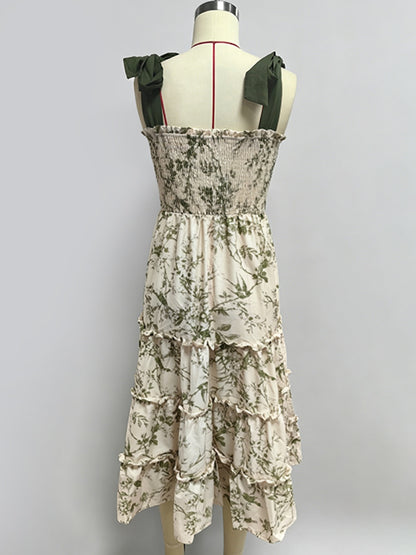 Floral Smocked Midi Dress For Women - Sage Green Boho Tie Shoulder Tiered Ruffle A-Line Sun Dress - Summer Beach Vacation 2026