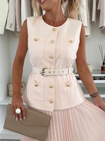 Sleeveless 2 Piece Set For Women - Old Money Belted Vest And Pleated Maxi Dress - Spring Casual Event 2026