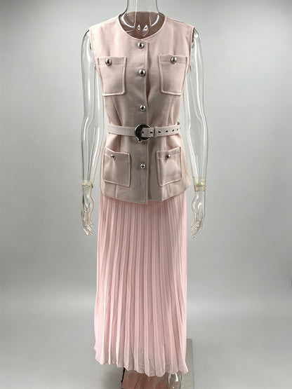 Sleeveless 2 Piece Set For Women - Old Money Belted Vest And Pleated Maxi Dress - Spring Casual Event 2026