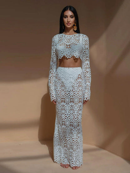 Guipure Lace Maxi Skirt Set For Women - Hollow Out Long Sleeve Crop Top & Floor Length Skirt Co-ord - Summer Beach Vacation 2026
