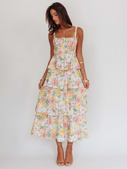 Floral Printed Ruffle Maxi Slip Dress For Women - Boho Tiered A-Line Strappy Sun Dress - Summer Beach Vacation 2026