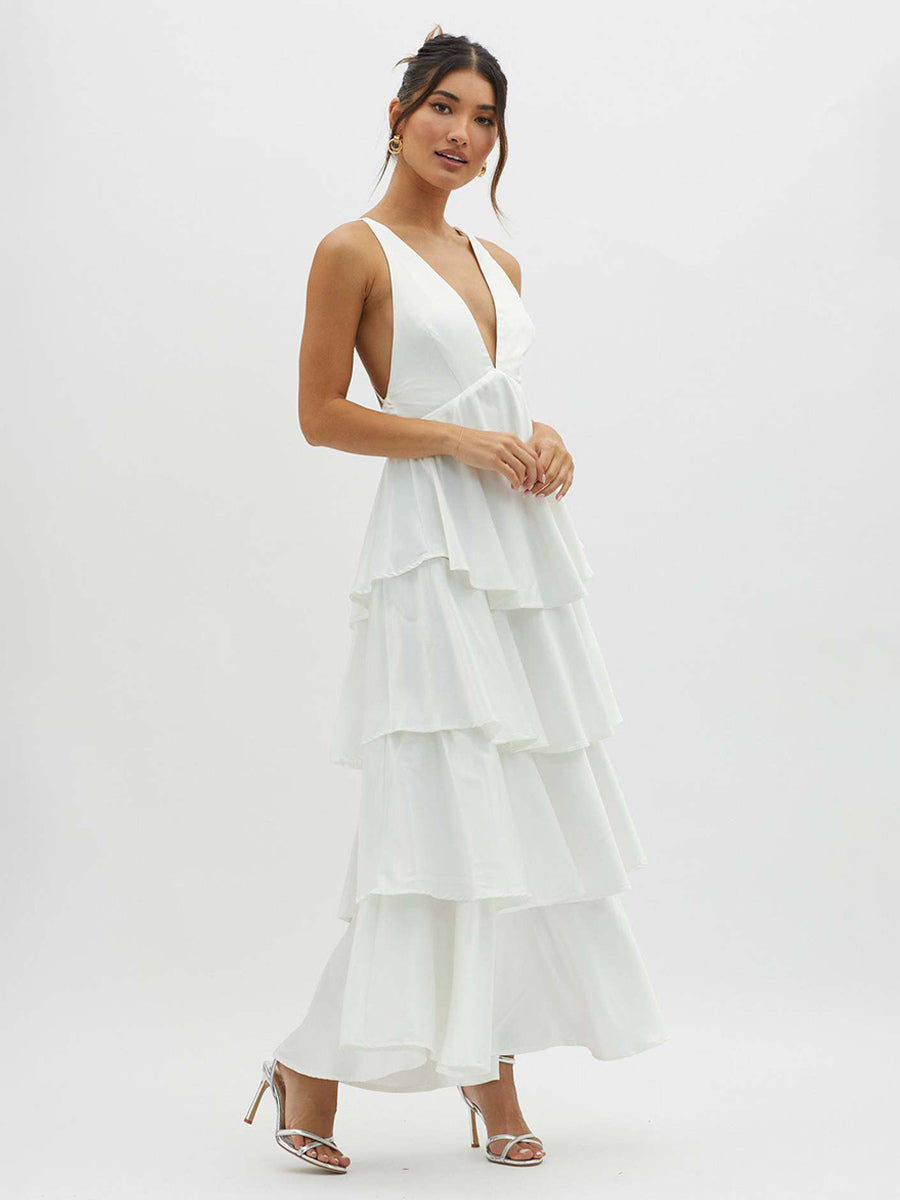 Deep V Neck Tiered Maxi Dress For Women - Satin Crisscross Backless Layered Ruffle Gown - Summer Formal Party 2026