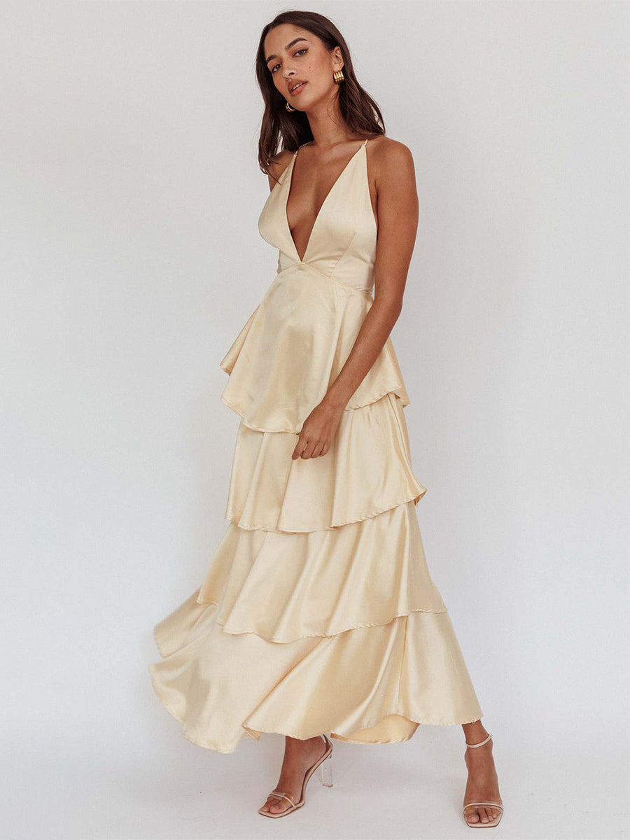 Deep V Neck Tiered Maxi Dress For Women - Satin Crisscross Backless Layered Ruffle Gown - Summer Formal Party 2026