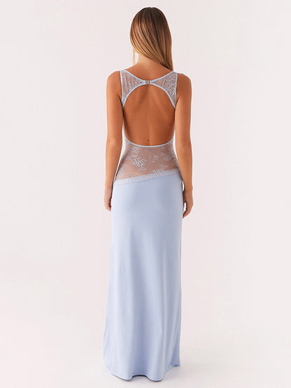 Lace Patchwork Maxi Gown For Women - Elegant Open Back Sleeveless Bodycon Long Dress - Summer Formal Evening Party 2026