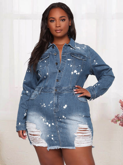 Distressed Denim Mini Dress For Women - Medium Blue Paint Splatter Bodycon Ripped Hem Jean Dress - Spring Night Out 2026