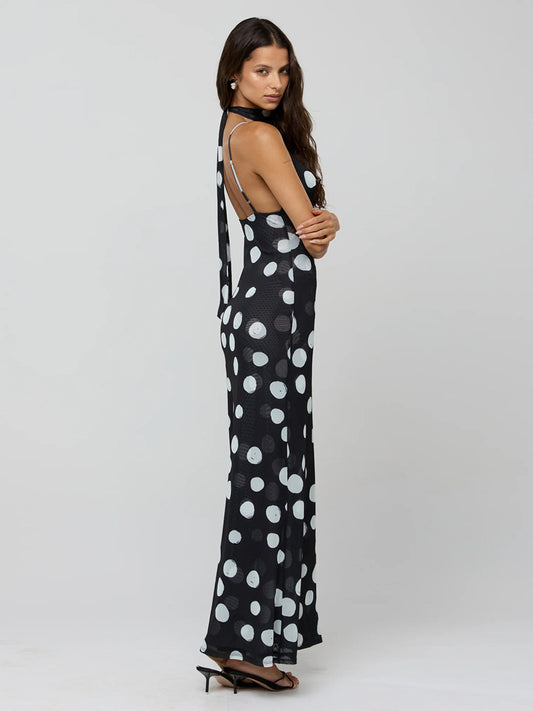 Polka Dot Slip Maxi Dress For Women - Vintage Deep V Neck Backless Bodycon Long Dress With Scarf - Summer Party Night 2026