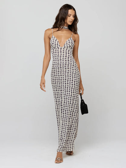 Polka Dot Slip Maxi Dress For Women - Vintage Deep V Neck Backless Bodycon Long Dress With Scarf - Summer Party Night 2026