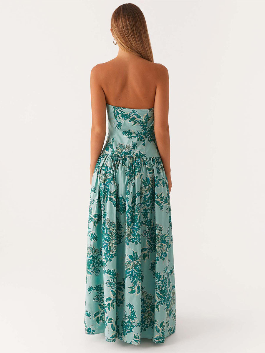 Strapless Printed Maxi Dress For Women - BoHo Bandeau Pleated Drop Waist Long Sundress - Summer Garden Party 2026