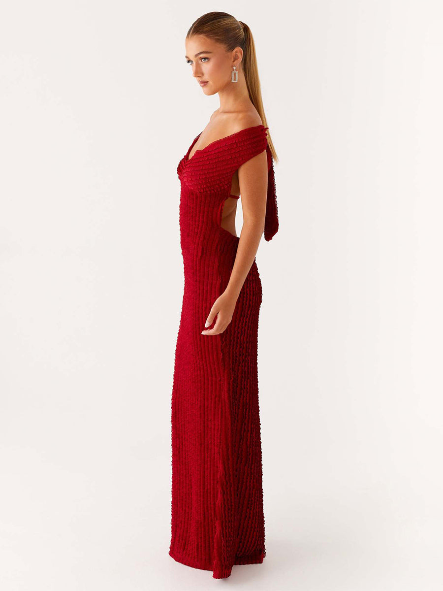 Off Shoulder Maxi Gown For Women - Textured Backless Bodycon Mermaid Dress - Summer Evening Wedding Guest 2026
