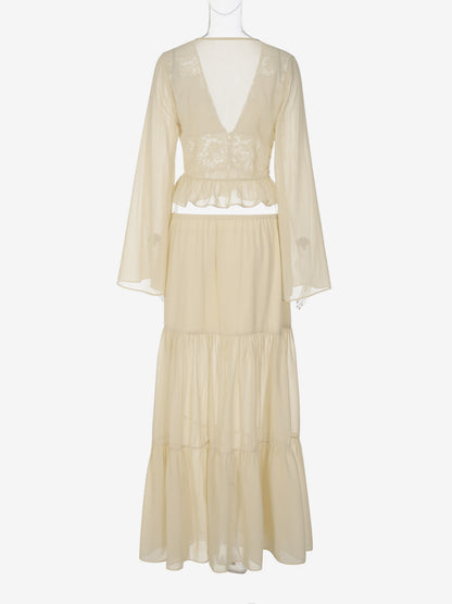 Two Piece Sets Skirt Set Maxi Dresses Apricot Resort Wear Buttons Casual V-Neck Long Sleeves Sets