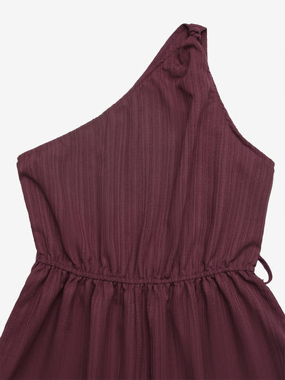 Women's Mauve One-Shoulder Belted Romper Textured Fabric Tie Waist Casual Summer Playsuit