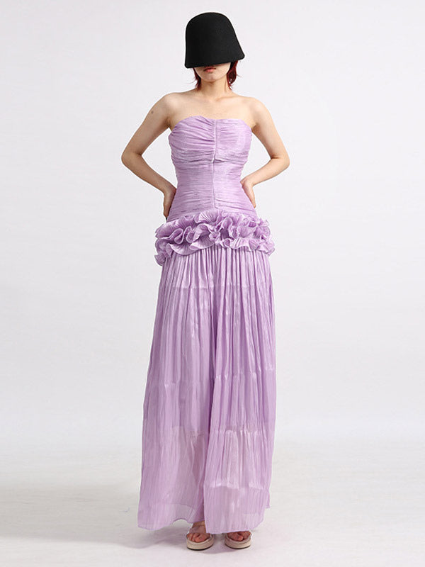 Lilac Strapless Ruched Waist Maxi Dresses For Women