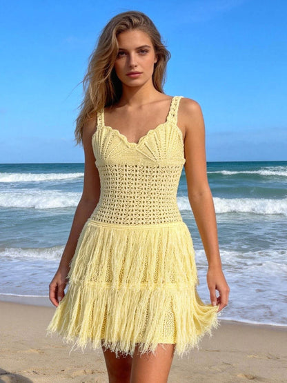 Creamy Yellow Crochet Fringe Cami Mini Dress For Women Boho Beach Style
