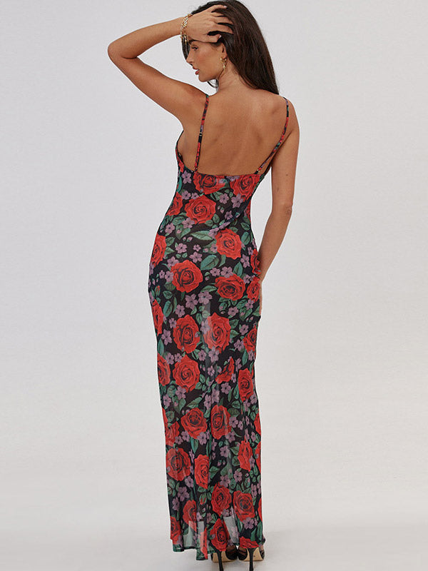 Red Rose Print Spaghetti Strap Maxi Dress For Women Romantic Style