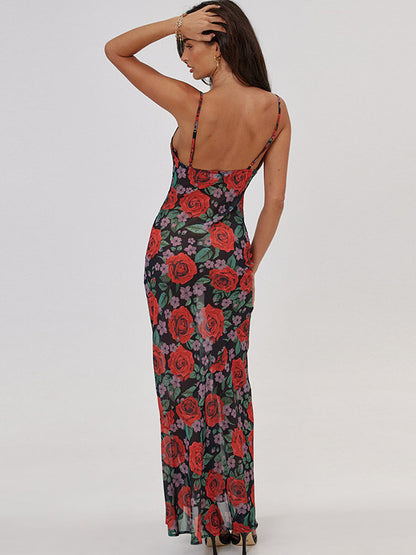Red Rose Print Spaghetti Strap Maxi Dress For Women Romantic Style