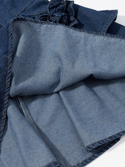 Navy Blue Sleeveless Denim Mini Dress With Ruffle Hem For Women