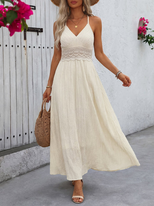 Women's Cream White Lace Waist Spaghetti Strap Maxi Dress V Neck Flowy Summer Beach Dress