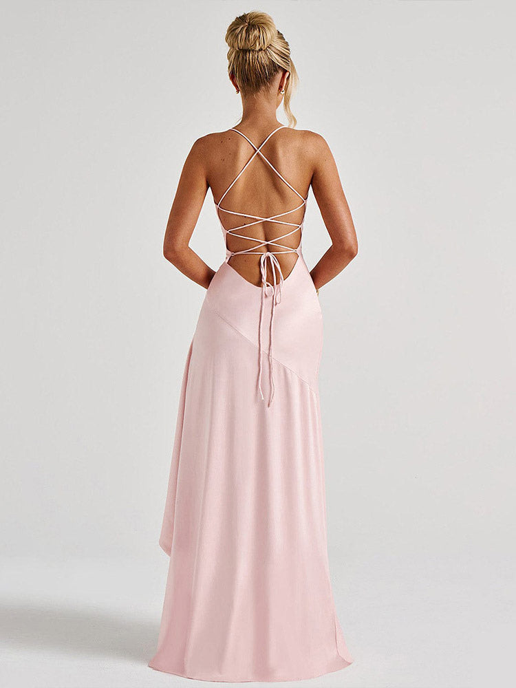 Red Strapless High Slit Satin Maxi Gown For Women Bold Formal Style