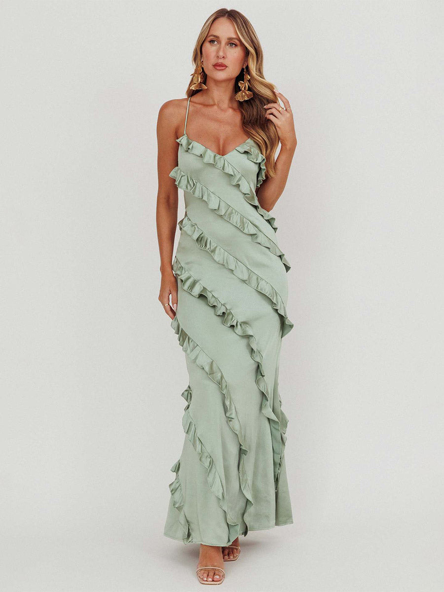 Party Dress Maxi Pink Straps Neck Ruffles Sleeveless Casual Semi Formal Summer Dress