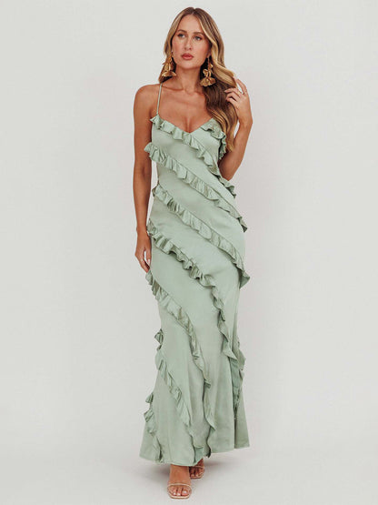 Party Dress Maxi Pink Straps Neck Ruffles Sleeveless Casual Semi Formal Summer Dress