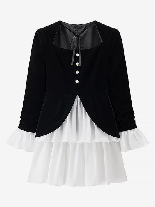 Date Night Dresses Faux Two-Piece Mini Ruffled Long Sleeves Two-Tone Chic Black Dress