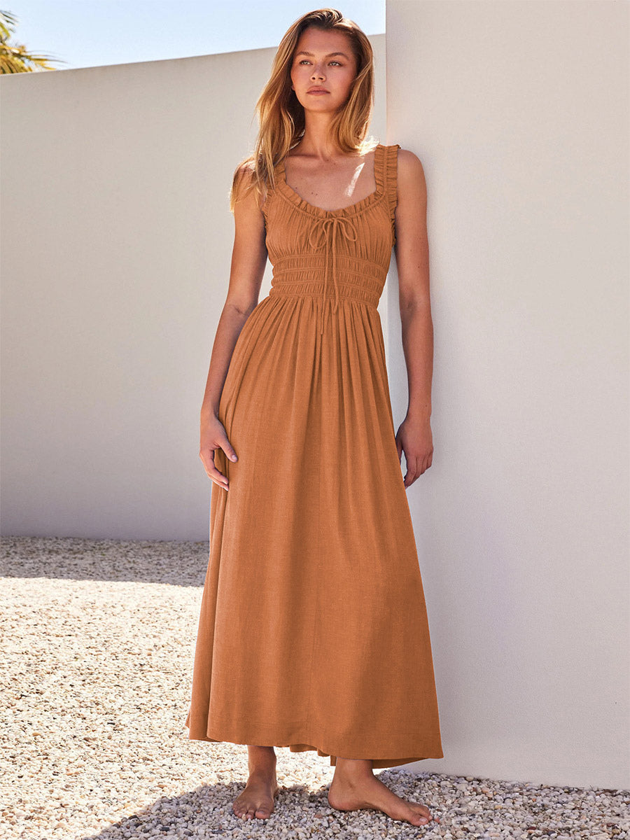 Cream V Neck Ruffled Strap Maxi Dress For Women Elegant Summer Style