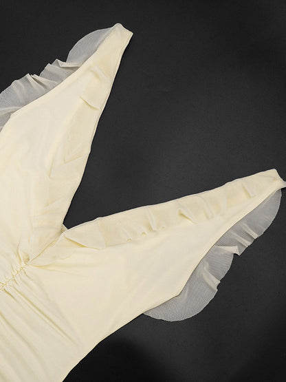 Cream V Neck Ruffled Sleeve Maxi Dress For Women Elegant Formal Style
