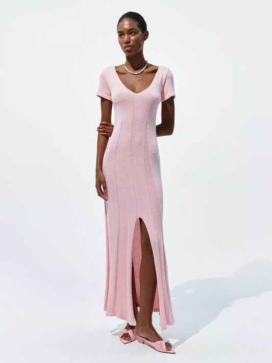 Soft Pink V Neck Knit Maxi Dress For Women Elegant Daily Style