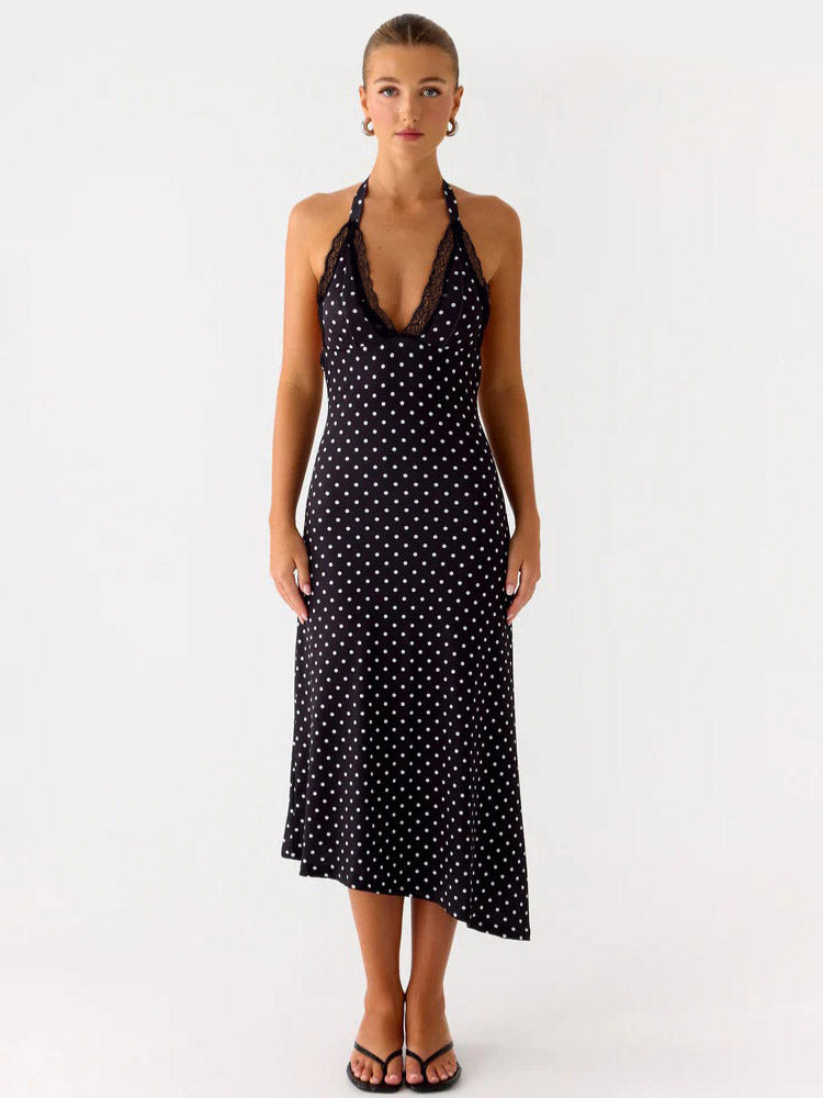 Party Dress Midi Black Halter Sleeveless Polka Dot Semi Formal Summer Dress