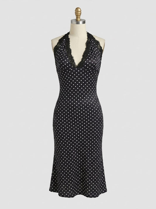 Party Dress Midi Black Halter Sleeveless Polka Dot Semi Formal Summer Dress