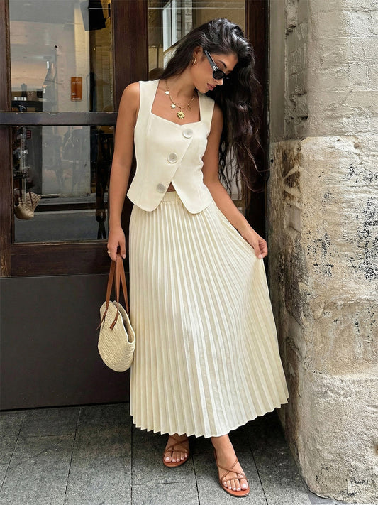 Two Piece Sets Skirt Set Maxi Apricot Elegant Buttons Square Neck Sleeveless Sets