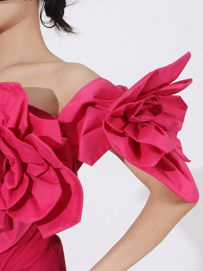 Vacation Dresses Midi Flowers Sleeveless Off-The-Shoulder Chic High Rise Red Dress