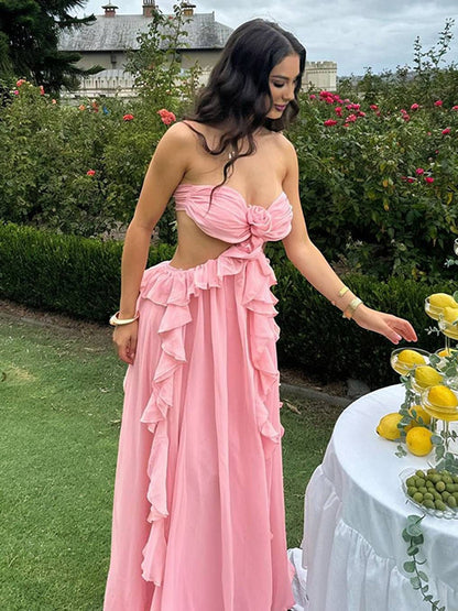 Vacation Dresses Maxi Lace Up Sleeveless Off-The-Shoulder Chic Pink Summer Dress
