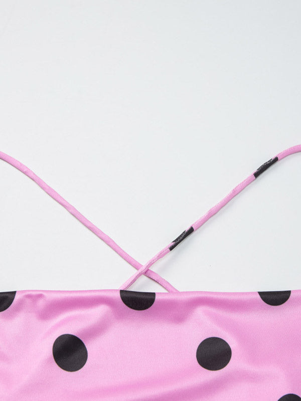 Daily Dresses Woman's Maxi Pink Backless Lace Up Sleeveless Straps Neck Polka Dot Dress