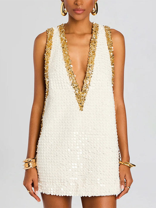 Party Dress Mini Gold V-Neck Sequins Sleeveless Sexy Semi Formal Dress