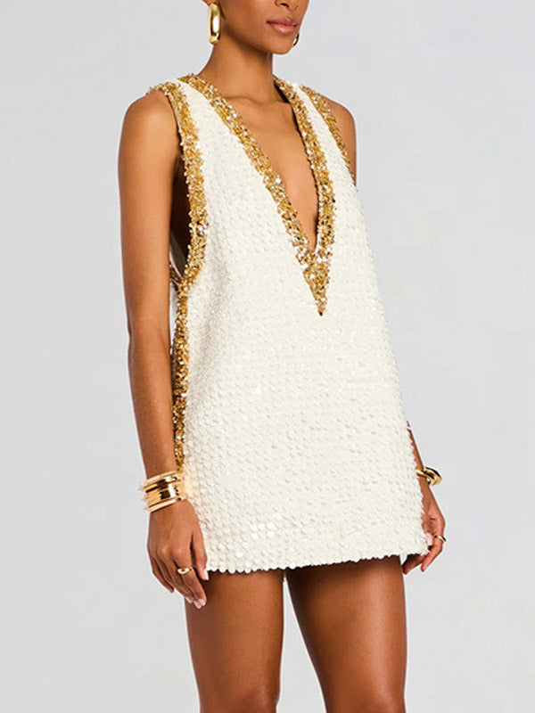 Party Dress Mini Gold V-Neck Sequins Sleeveless Sexy Semi Formal Dress