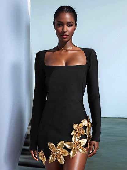 Party Dress Mini Black U-Neck Flowers Long Sleeves Sexy Semi Formal Dress