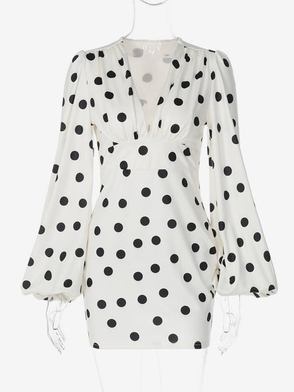 Date Night Dresses Summer Long Sleeves Polka Dot V-Neck Puff Sleeves Casual White Mini Dress