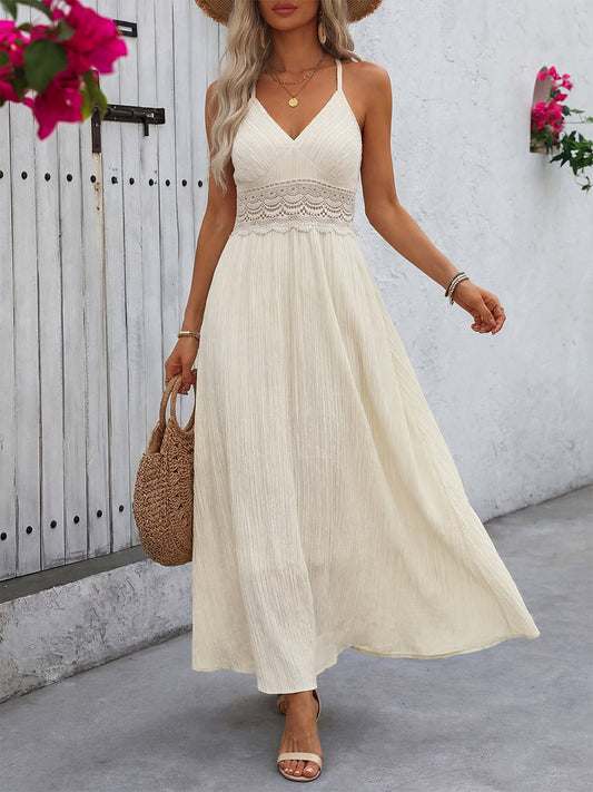Sexy Vacation Dress Cream Color Maxi Dress With Lace Waist Ideal For Summer Holidays