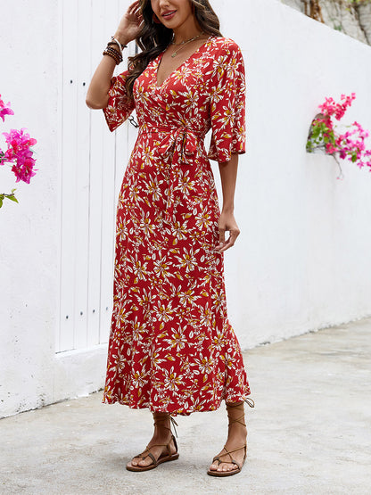 Bohemian Summer Vibes Red Floral Wrap Maxi Dress Lightweight Flirty Great For Beach City Strolls
