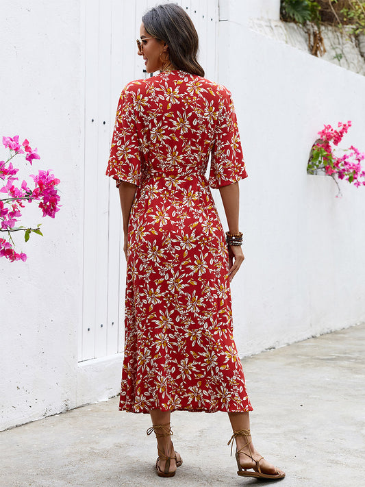 Bohemian Summer Vibes Red Floral Wrap Maxi Dress Lightweight Flirty Great For Beach City Strolls
