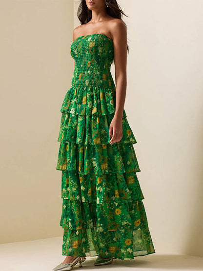 Party Dress Maxi Green Strapless Tiered Sleeveless Casual Semi Formal Dress