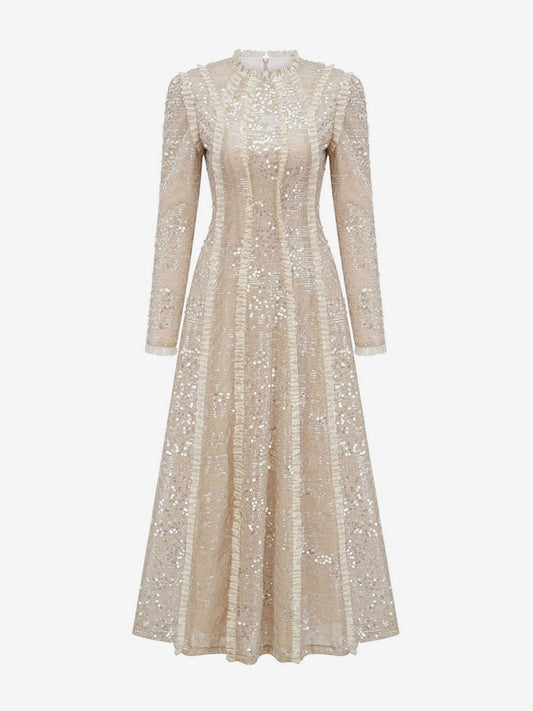 Party Dress Maxi Champagne Stand Collar Sequins Long Sleeves Elegant Semi Formal Dress