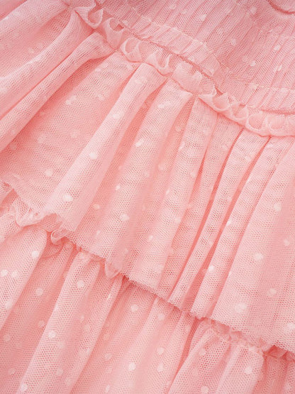 Date Night Dresses Maxi Layered Pleated Short Sleeves Jewel Neck Elegant Pink Dress