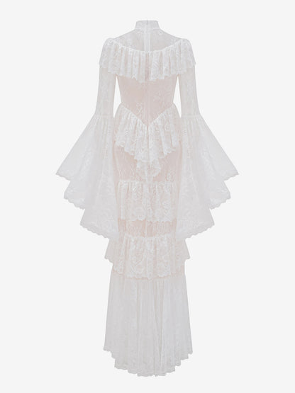 Party Dress Maxi White Stand Collar Lace Long Sleeves Shaping Flared Sleeves Chic Semi Formal Dress