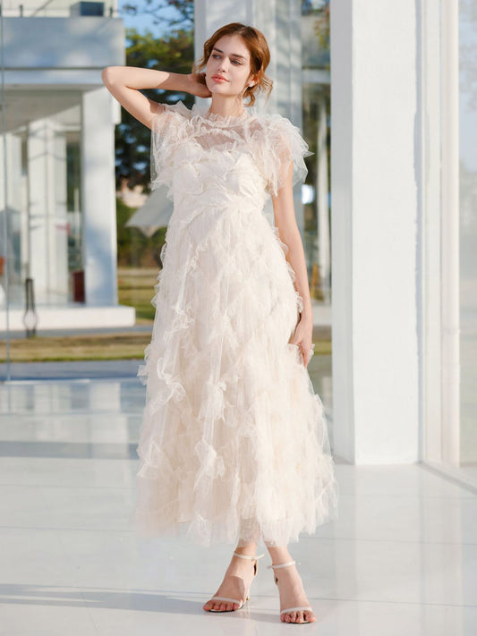 Party Dress Maxi Apricot Stand Collar Sleeveless Layered Sweet Semi Formal Dress